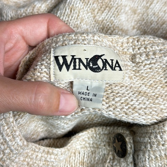 Vintage Winona Cotton Embroidered Star Oatmeal Tan Button Sweater Large - Picture 7 of 9